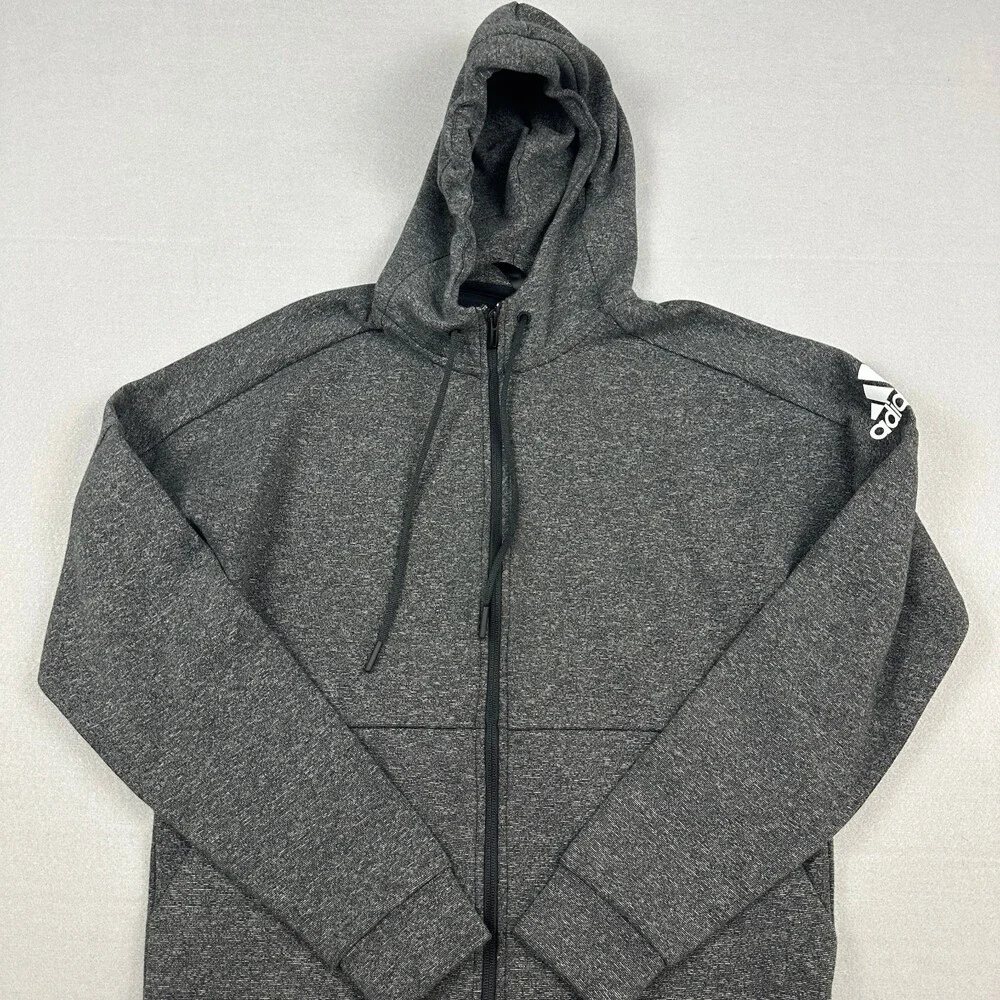 Adidas Hoodie Men Medium Gray Heather Full Zip Sweatshirt Logo Pockets L